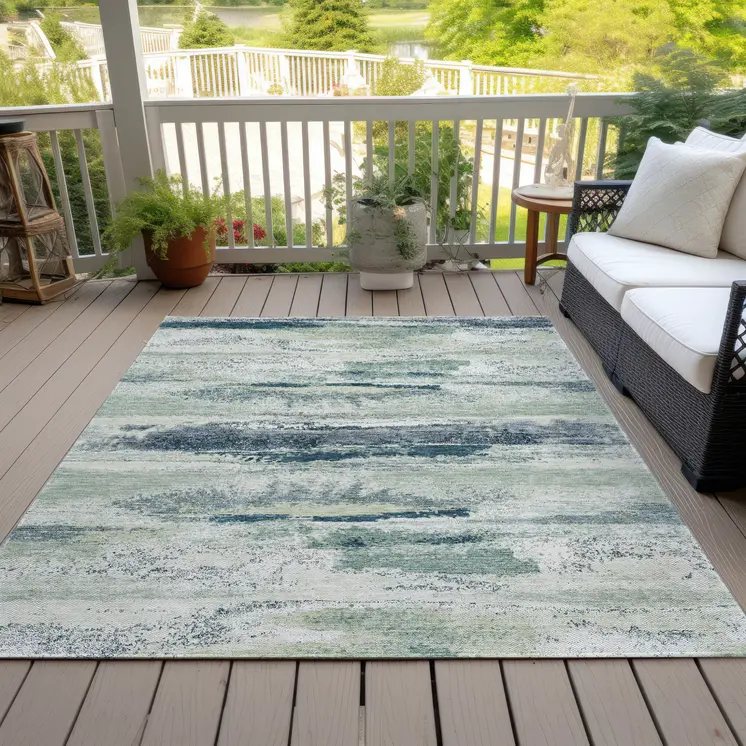 5' X 8' Mint Green Ivory And Denim Blue Abstract Washable Indoor Outdoor Area Rug