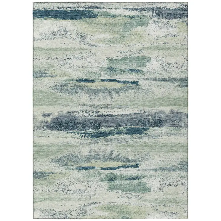 5' X 8' Mint Green Ivory And Denim Blue Abstract Washable Indoor Outdoor Area Rug