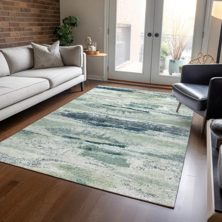 5' X 8' Mint Green Ivory And Denim Blue Abstract Washable Indoor Outdoor Area Rug