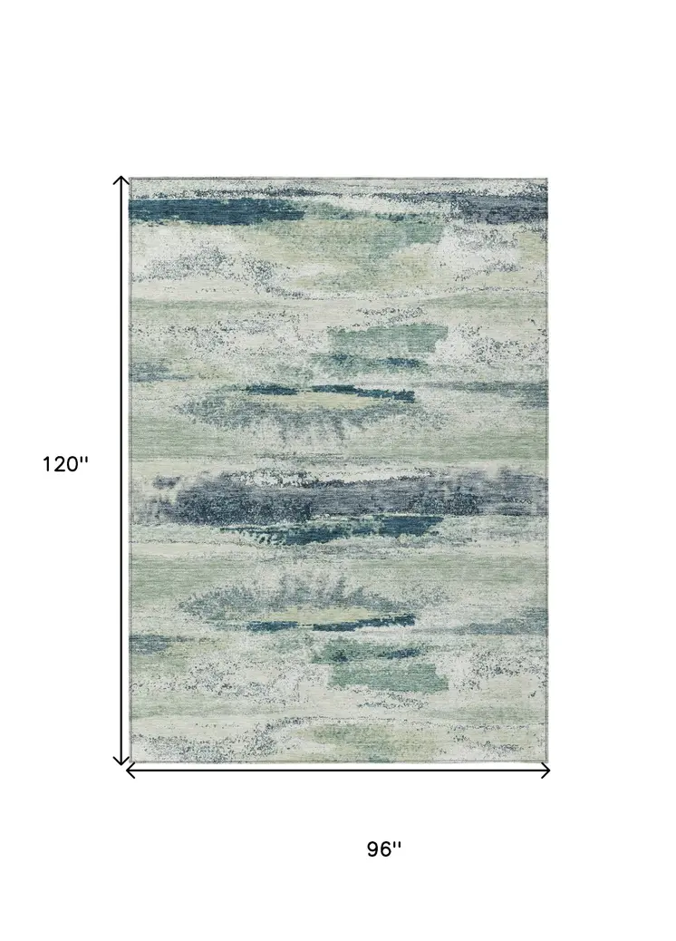 8' X 10' Mint Green Ivory And Denim Blue Abstract Washable Indoor Outdoor Area Rug