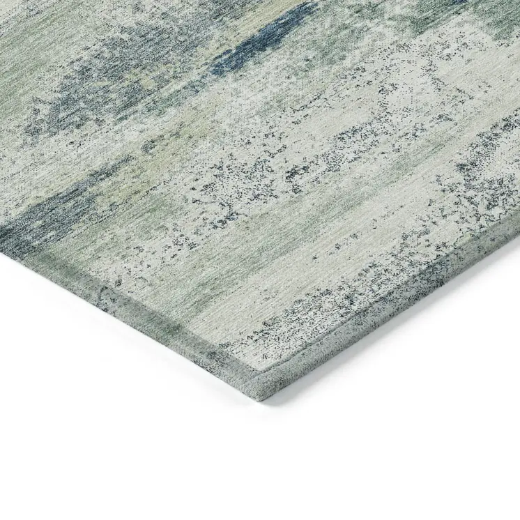 8' X 10' Mint Green Ivory And Denim Blue Abstract Washable Indoor Outdoor Area Rug