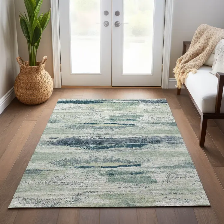 8' X 10' Mint Green Ivory And Denim Blue Abstract Washable Indoor Outdoor Area Rug