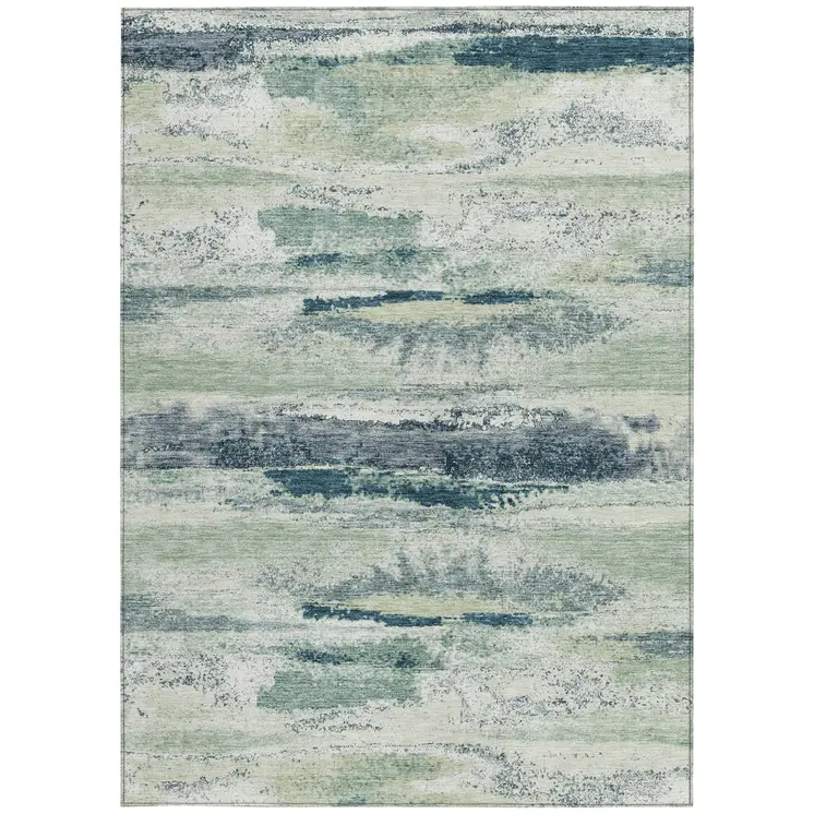 9' X 12' Mint Green Ivory And Denim Blue Abstract Washable Indoor Outdoor Area Rug