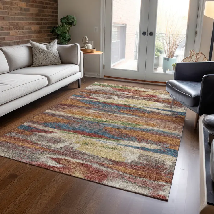 3' X 5' Orange Green And Gold Abstract Washable Indoor Outdoor Area Rug