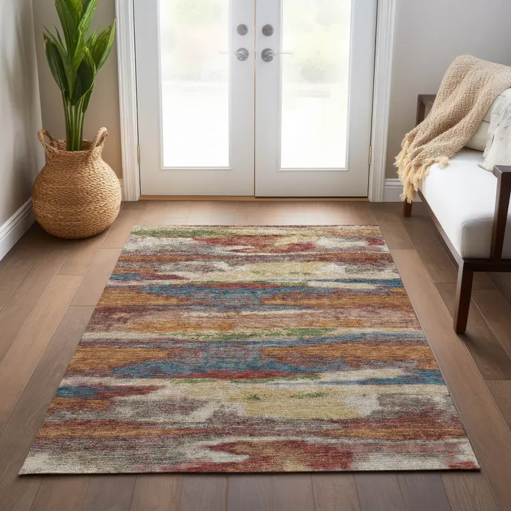 5' X 8' Orange Green And Gold Abstract Washable Indoor Outdoor Area Rug