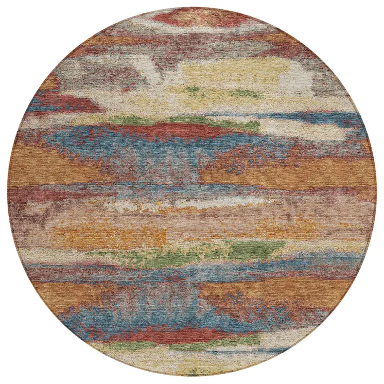 8' Orange Green And Gold Round Abstract Washable Indoor Outdoor Area Rug
