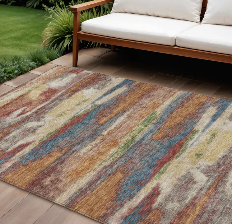 8' X 10' Orange Green And Gold Abstract Washable Indoor Outdoor Area Rug