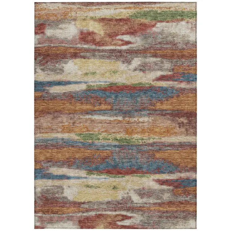 9' X 12' Orange Green And Gold Abstract Washable Indoor Outdoor Area Rug