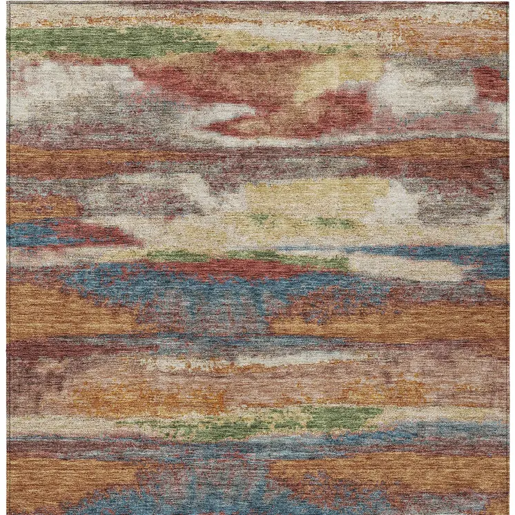10' X 14' Orange Green And Gold Abstract Washable Indoor Outdoor Area Rug