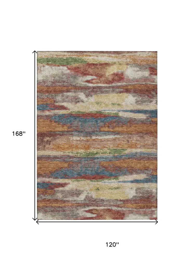 10' X 14' Orange Green And Gold Abstract Washable Indoor Outdoor Area Rug
