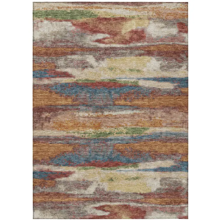 10' X 14' Orange Green And Gold Abstract Washable Indoor Outdoor Area Rug