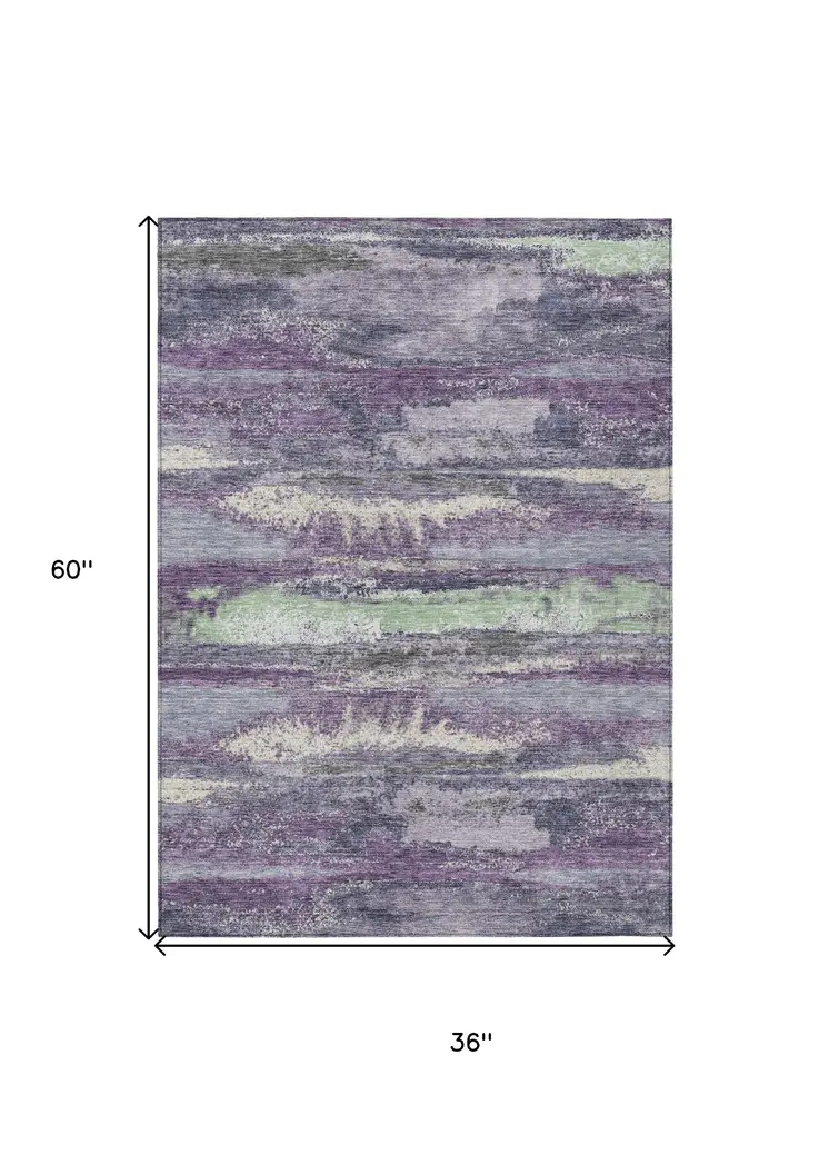 3' X 5' Purple And Lavender Abstract Washable Indoor Outdoor Area Rug
