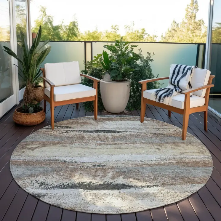 8' Taupe Beige And Ivory Round Abstract Washable Indoor Outdoor Area Rug