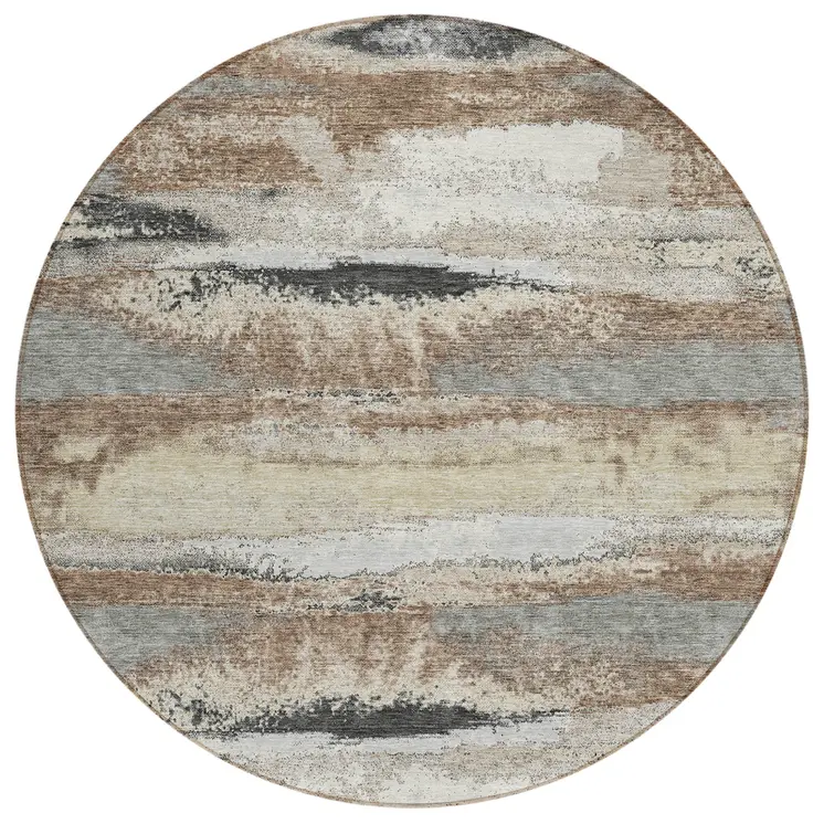 8' Taupe Beige And Ivory Round Abstract Washable Indoor Outdoor Area Rug