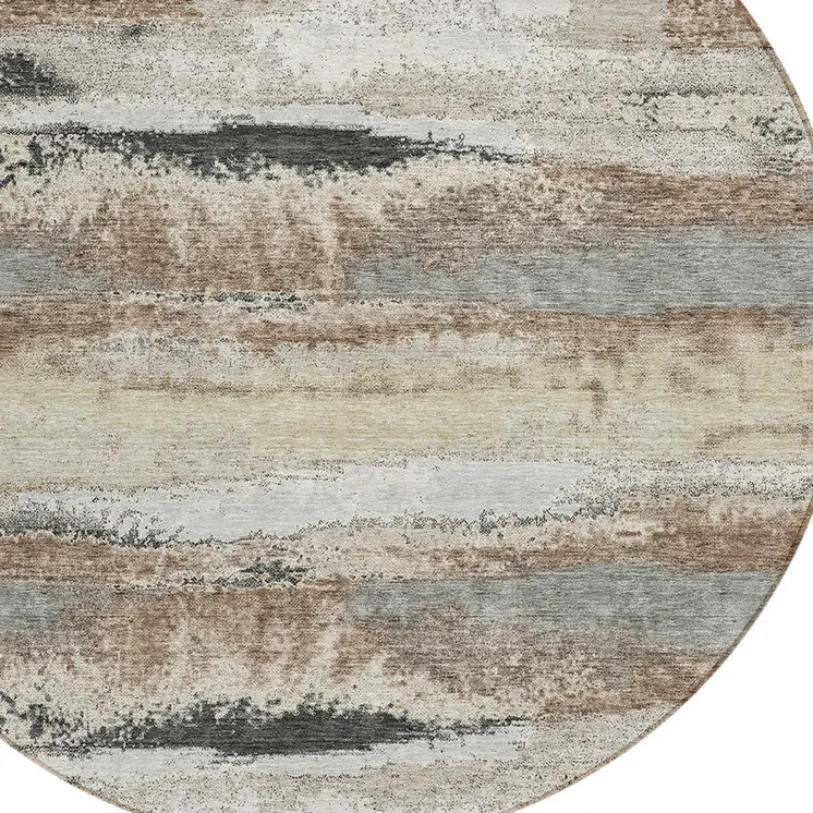 8' Taupe Beige And Ivory Round Abstract Washable Indoor Outdoor Area Rug