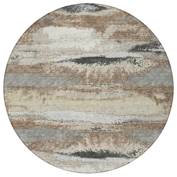 8' Taupe Beige And Ivory Round Abstract Washable Indoor Outdoor Area Rug