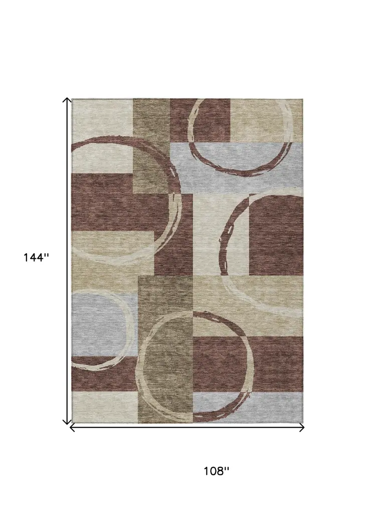 9' X 12' Brown And Ivory Geometric Washable Indoor Outdoor Area Rug