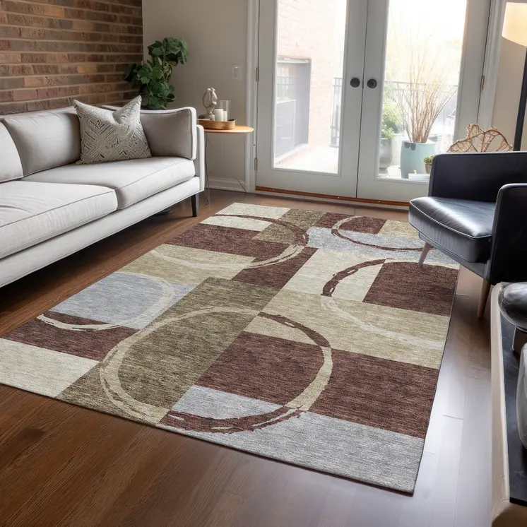 9' X 12' Brown And Ivory Geometric Washable Indoor Outdoor Area Rug