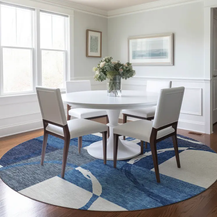 8' Blue And Ivory Round Geometric Washable Indoor Outdoor Area Rug