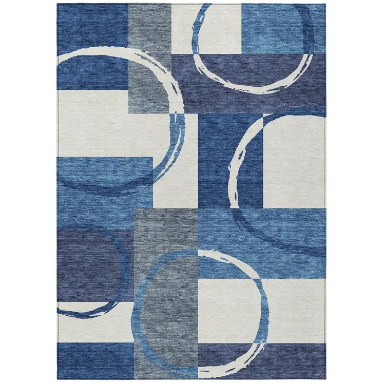8' X 10' Blue And Ivory Geometric Washable Indoor Outdoor Area Rug