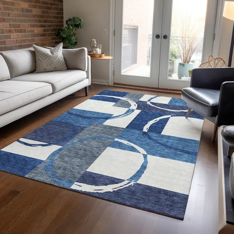 8' X 10' Blue And Ivory Geometric Washable Indoor Outdoor Area Rug