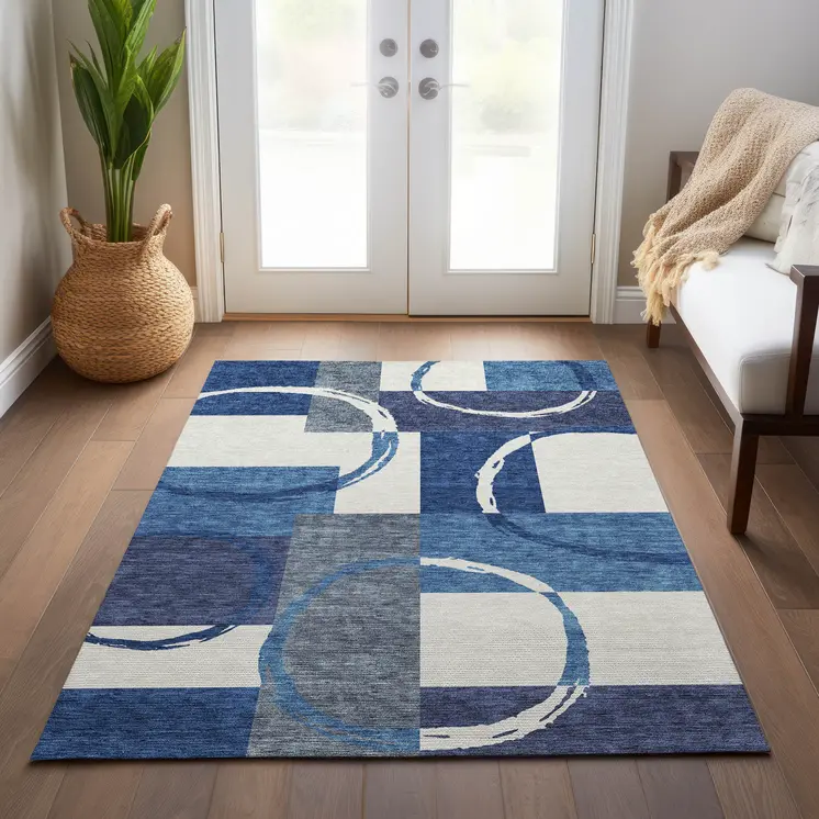 8' X 10' Blue And Ivory Geometric Washable Indoor Outdoor Area Rug