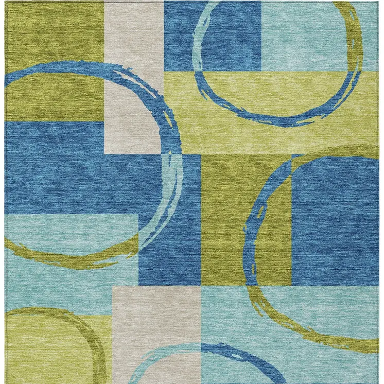3' X 5' Denim Blue And Lime Green Geometric Washable Indoor Outdoor Area Rug