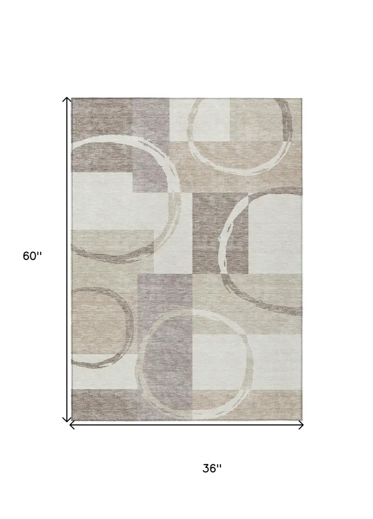 3' X 5' Ivory And Beige Geometric Washable Indoor Outdoor Area Rug