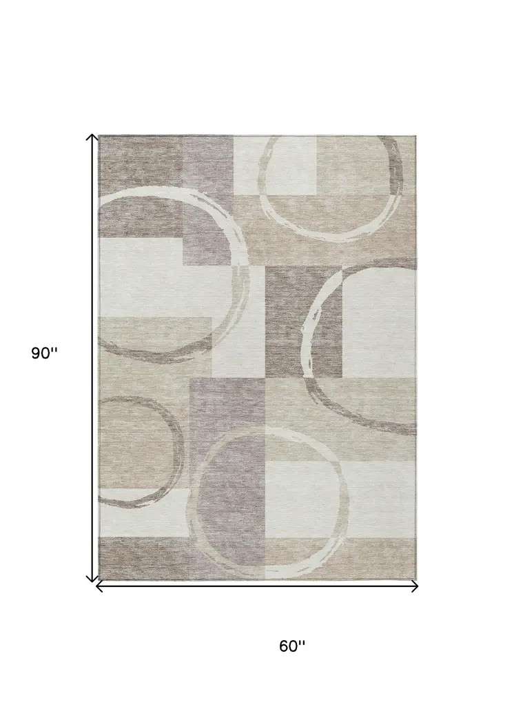 5' X 8' Ivory And Beige Geometric Washable Indoor Outdoor Area Rug