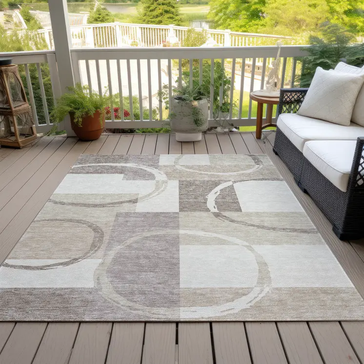 9' X 12' Ivory And Beige Geometric Washable Indoor Outdoor Area Rug