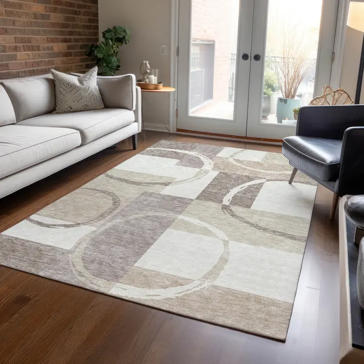 9' X 12' Ivory And Beige Geometric Washable Indoor Outdoor Area Rug