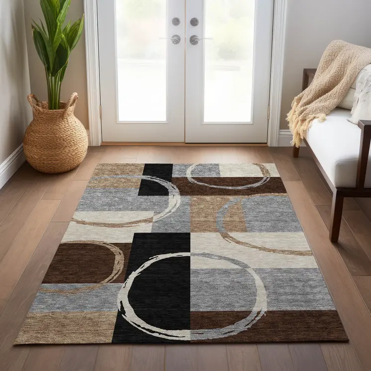 3' X 5' Pewter Gray And Black Geometric Washable Indoor Outdoor Area Rug