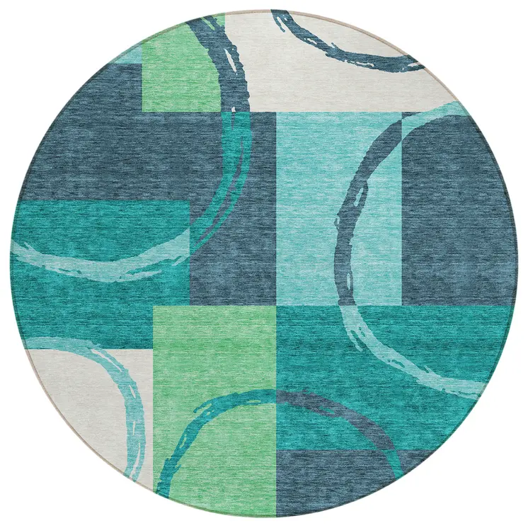 8' Teal Blue And Green Round Geometric Washable Indoor Outdoor Area Rug