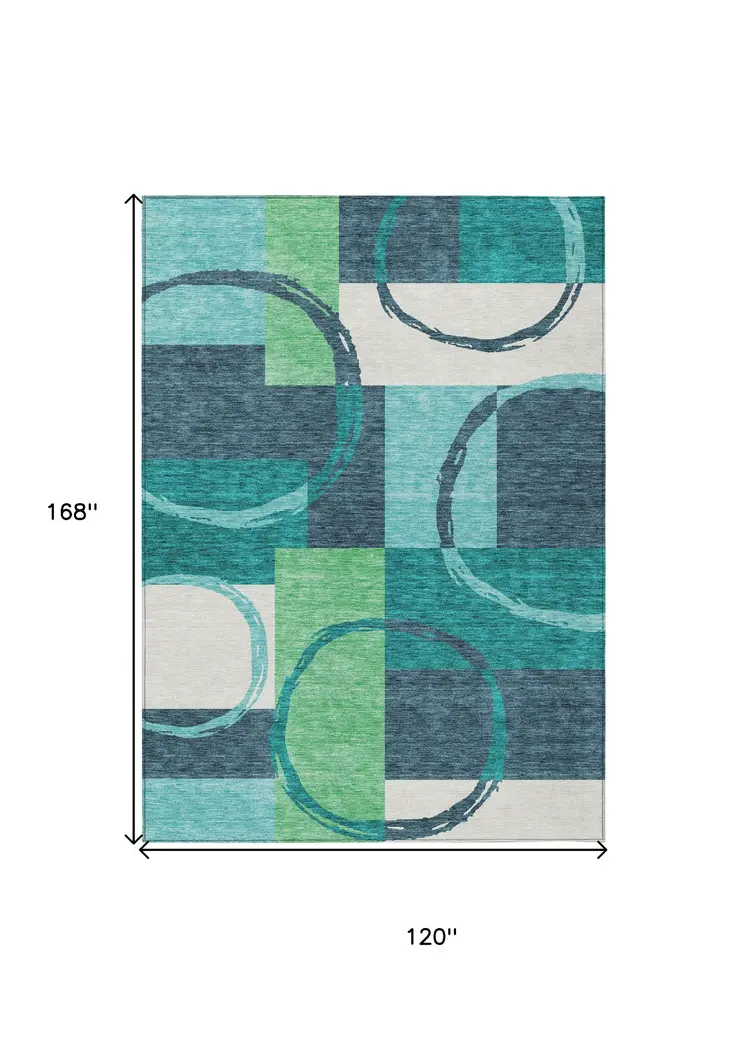 10' X 14' Teal Blue And Green Geometric Washable Indoor Outdoor Area Rug