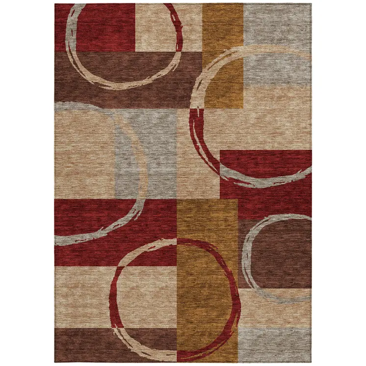 3' X 5' Wheat And Burgundy Geometric Washable Indoor Outdoor Area Rug
