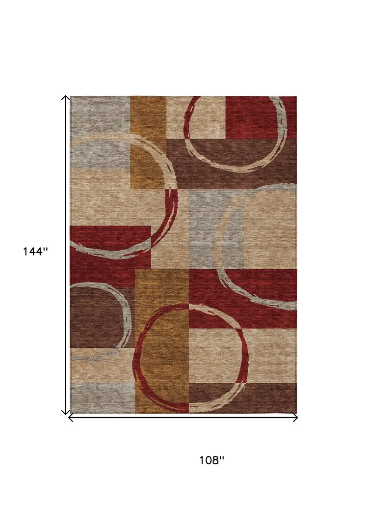 9' X 12' Wheat And Burgundy Geometric Washable Indoor Outdoor Area Rug