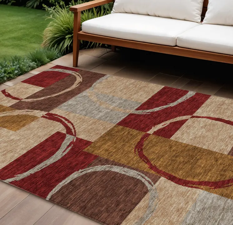 10' X 14' Wheat And Burgundy Geometric Washable Indoor Outdoor Area Rug