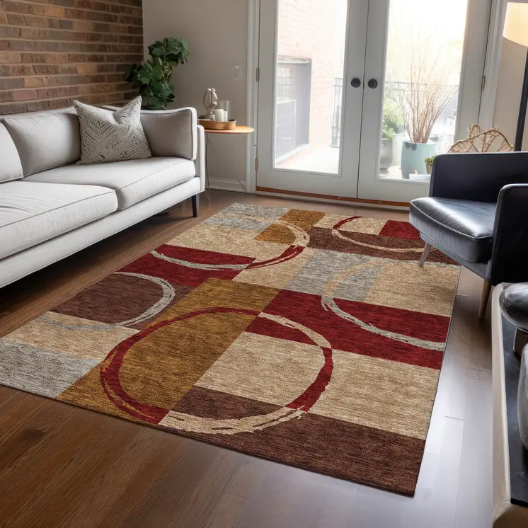 10' X 14' Wheat And Burgundy Geometric Washable Indoor Outdoor Area Rug