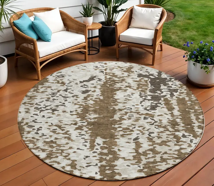 8' Brown And Ivory Round Abstract Washable Indoor Outdoor Area Rug