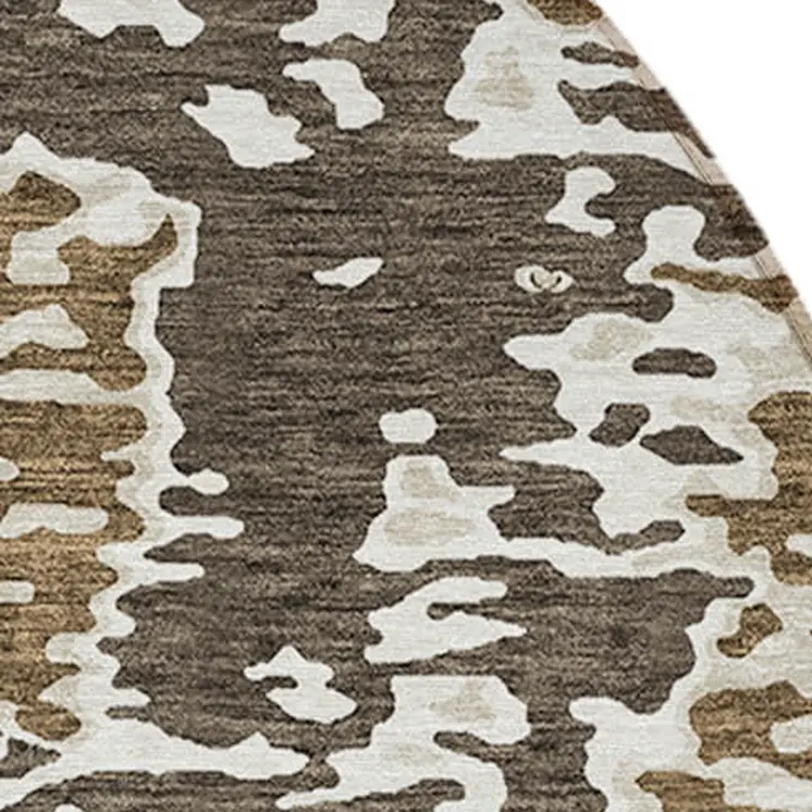 8' Brown And Ivory Round Abstract Washable Indoor Outdoor Area Rug