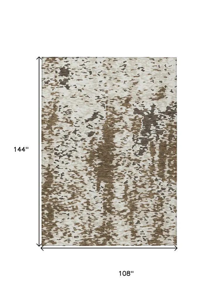 9' X 12' Brown And Ivory Abstract Washable Indoor Outdoor Area Rug