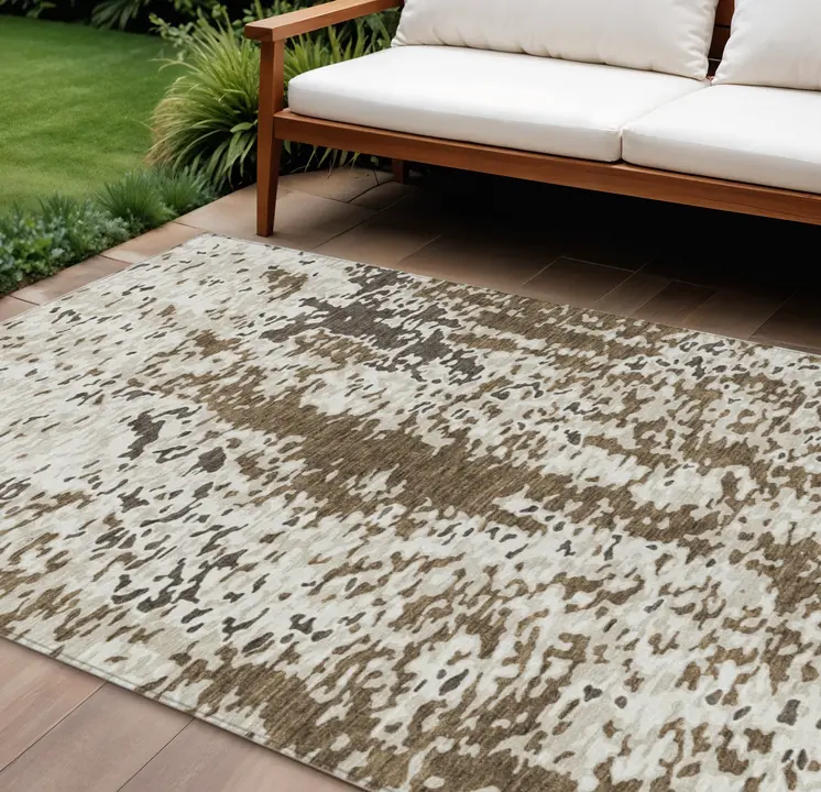 9' X 12' Brown And Ivory Abstract Washable Indoor Outdoor Area Rug