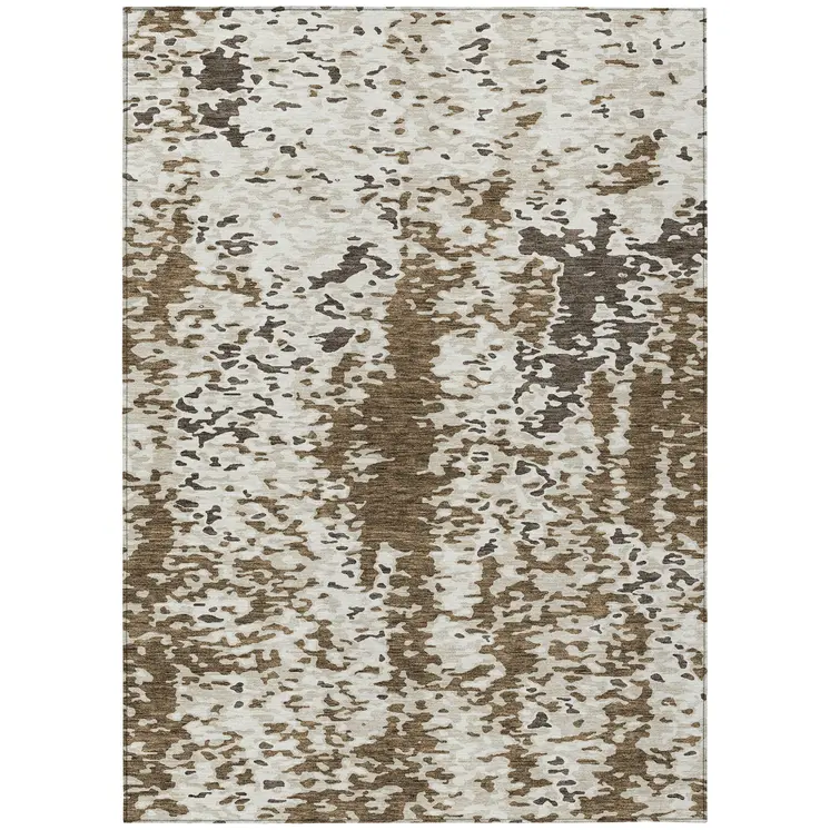 9' X 12' Brown And Ivory Abstract Washable Indoor Outdoor Area Rug