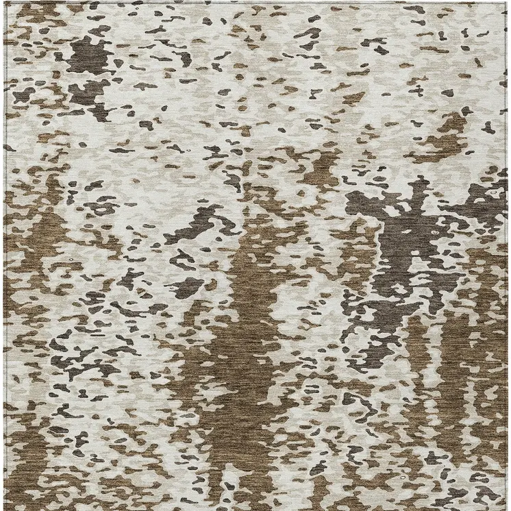 9' X 12' Brown And Ivory Abstract Washable Indoor Outdoor Area Rug