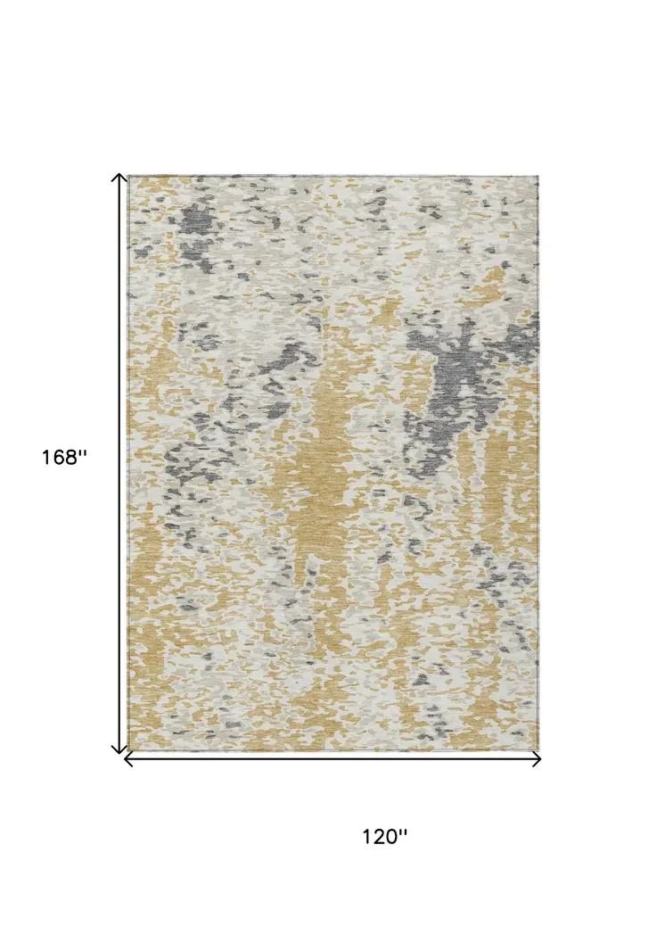10' X 14' Gold And Ivory Abstract Washable Indoor Outdoor Area Rug