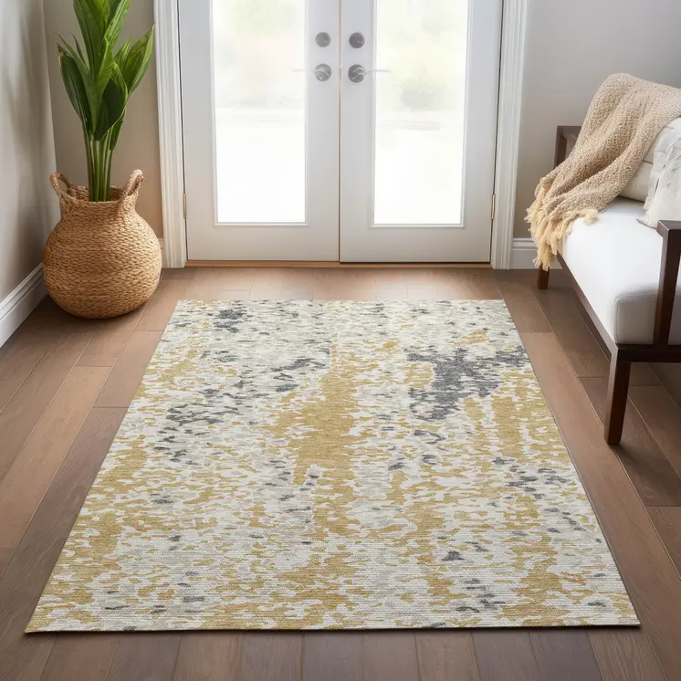10' X 14' Gold And Ivory Abstract Washable Indoor Outdoor Area Rug