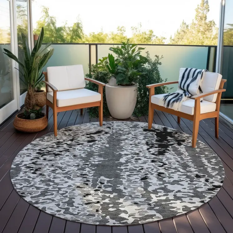 8' Gray And Silver Round Abstract Washable Indoor Outdoor Area Rug