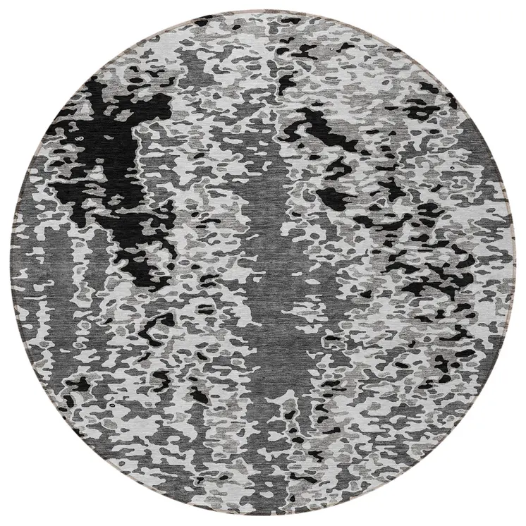 8' Gray And Silver Round Abstract Washable Indoor Outdoor Area Rug