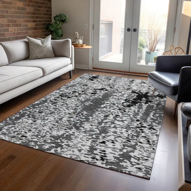 9' X 12' Gray And Silver Abstract Washable Indoor Outdoor Area Rug