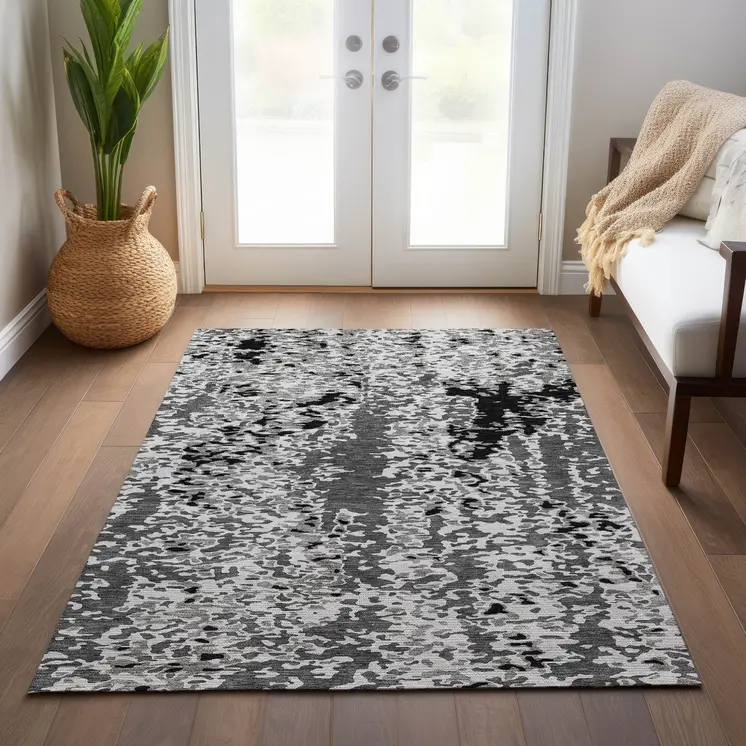 9' X 12' Gray And Silver Abstract Washable Indoor Outdoor Area Rug